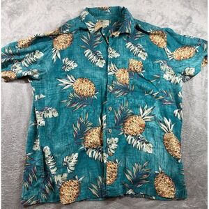 Vtg Island Shores Silk Hawaiian Shirt‎ Pineapple Print Teal Men's XL
